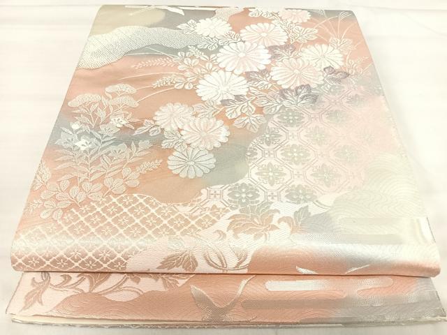 平和屋着物◎六通柄袋帯　飛鶴花文　銀糸　正絹　逸品　AABI5617yx
