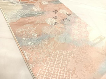 平和屋着物◎六通柄袋帯　飛鶴花文　銀糸　正絹　逸品　AABI5617yx