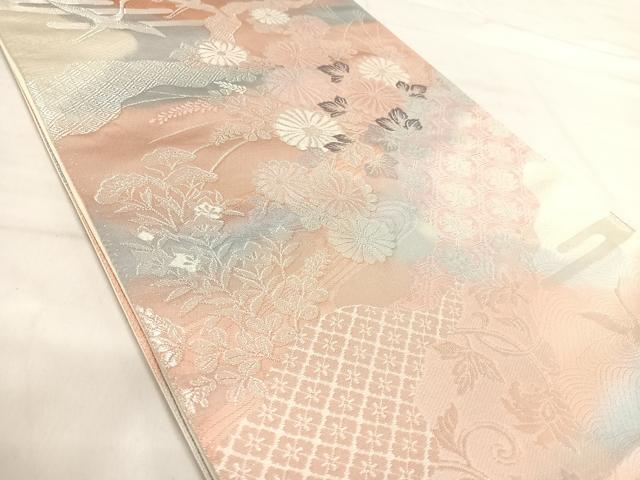 平和屋着物◎六通柄袋帯　飛鶴花文　銀糸　正絹　逸品　AABI5617yx