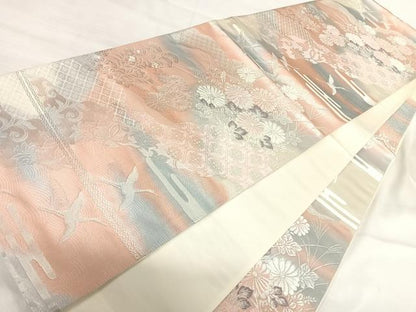 平和屋着物◎六通柄袋帯　飛鶴花文　銀糸　正絹　逸品　AABI5617yx