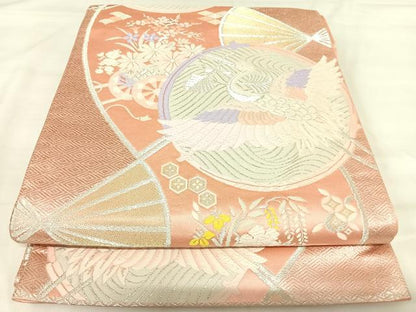 平和屋着物◎六通柄袋帯 唐織 飛鶴花車文 銀糸 正絹 逸品 AABI5621yx