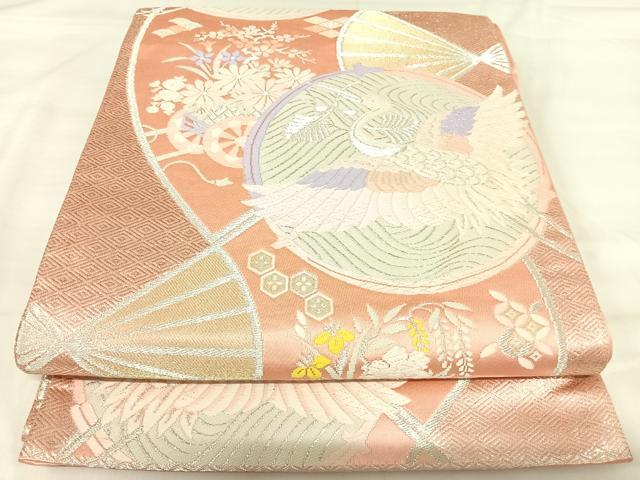 平和屋着物◎六通柄袋帯 唐織 飛鶴花車文 銀糸 正絹 逸品 AABI5621yx