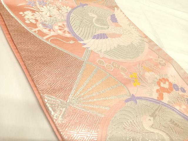 平和屋着物◎六通柄袋帯 唐織 飛鶴花車文 銀糸 正絹 逸品 AABI5621yx
