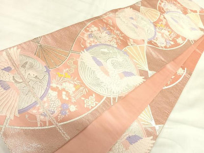 平和屋着物◎六通柄袋帯 唐織 飛鶴花車文 銀糸 正絹 逸品 AABI5621yx