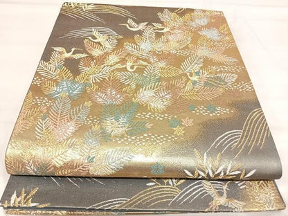 平和屋着物◎六通柄袋帯 飛鶴松文 金糸 正絹 逸品 AABI5622yx