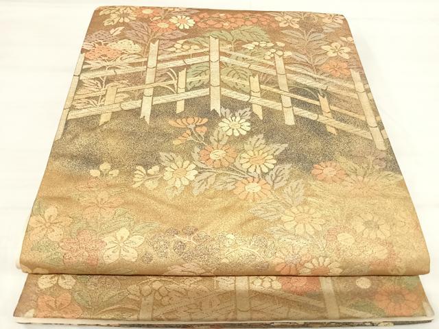 平和屋着物◎六通柄袋帯 草花文 金彩 正絹 逸品 AABI5627yx