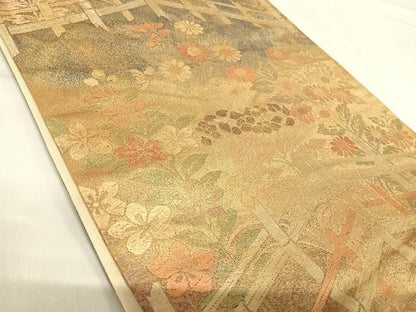 平和屋着物◎六通柄袋帯 草花文 金彩 正絹 逸品 AABI5627yx