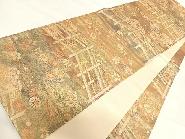 平和屋着物◎六通柄袋帯 草花文 金彩 正絹 逸品 AABI5627yx
