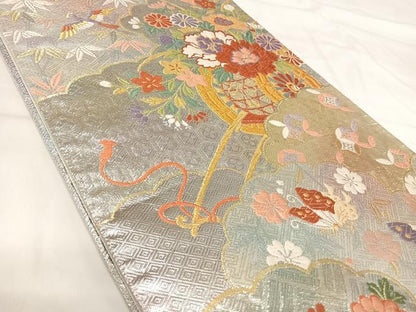 平和屋着物◎西陣 野々村織物謹製 六通柄袋帯 唐織 花鳥文 金銀糸 正絹 逸品 AABI5630yx