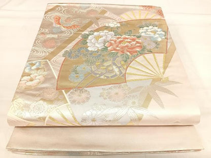 平和屋着物◎六通柄袋帯 薫風彩 扇面花蝶文 金銀糸 正絹 逸品 AABI5633yx