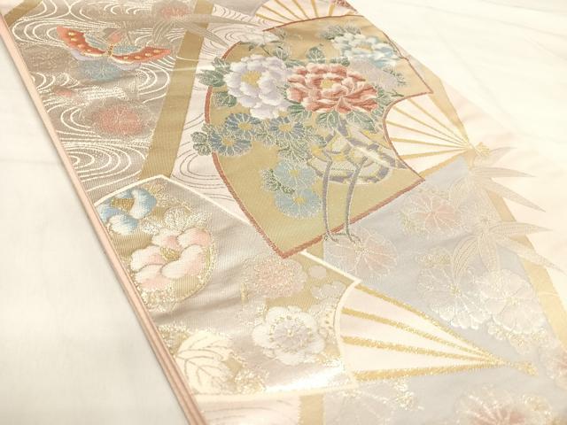 平和屋着物◎六通柄袋帯 薫風彩 扇面花蝶文 金銀糸 正絹 逸品 AABI5633yx