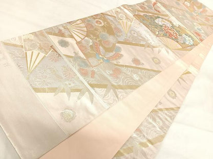 平和屋着物◎六通柄袋帯 薫風彩 扇面花蝶文 金銀糸 正絹 逸品 AABI5633yx