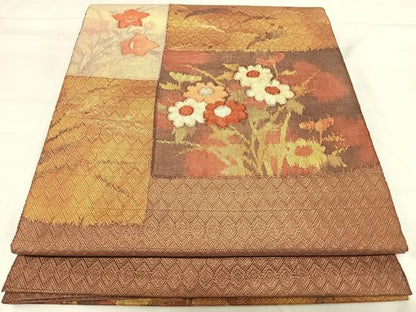 平和屋着物◎佐賀錦 太鼓柄袋帯 すくい織 草花文 金糸 正絹 逸品 AABI5635yx