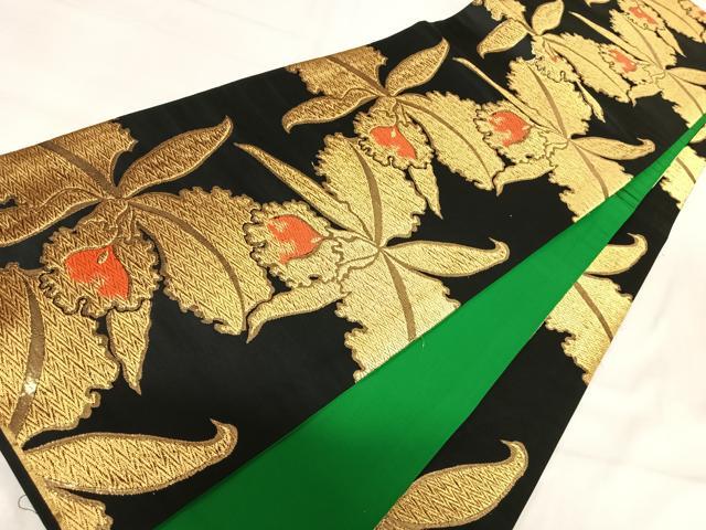 平和屋着物◎全通柄袋帯 花尽くし 黒地 金糸 正絹 逸品 AABI5637yx