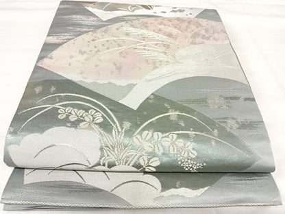 平和屋着物◎六通柄袋帯 地紙草葉文 銀糸 正絹 逸品 AABI5638yx