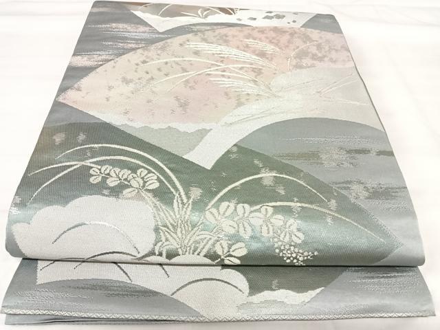 平和屋着物◎六通柄袋帯 地紙草葉文 銀糸 正絹 逸品 AABI5638yx