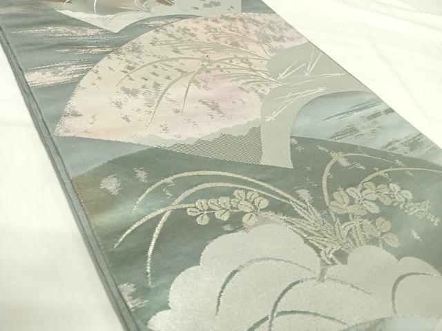 平和屋着物◎六通柄袋帯 地紙草葉文 銀糸 正絹 逸品 AABI5638yx
