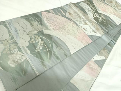 平和屋着物◎六通柄袋帯 地紙草葉文 銀糸 正絹 逸品 AABI5638yx