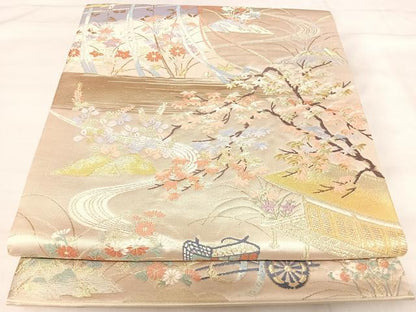 平和屋着物◎六通柄袋帯 唐織 御所車風景花文 金銀糸 正絹 逸品 AABI5640yx