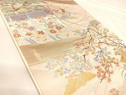 平和屋着物◎六通柄袋帯 唐織 御所車風景花文 金銀糸 正絹 逸品 AABI5640yx