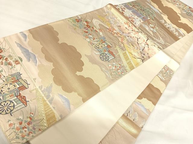 平和屋着物◎六通柄袋帯 唐織 御所車風景花文 金銀糸 正絹 逸品 AABI5640yx