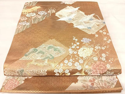 平和屋着物◎六通柄袋帯 唐織 琳派 引箔錦二重織 飛鶴花文 金銀糸 正絹 逸品 AABI5641yx