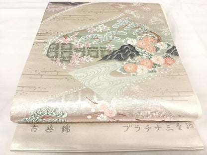 平和屋着物◎六通柄袋帯 古典錦 プラチナ三重箔 流水風景花文 正絹 逸品 AABI5642yx