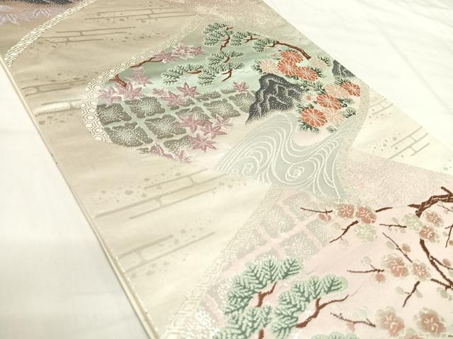 平和屋着物◎六通柄袋帯 古典錦 プラチナ三重箔 流水風景花文 正絹 逸品 AABI5642yx