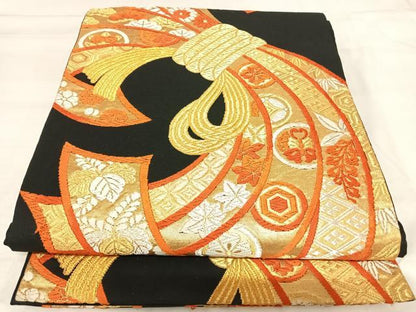平和屋着物◎六通柄袋帯 唐織 束ね熨斗花鳥文 黒地 金銀糸 三越扱い 正絹 逸品 AABI5643yx