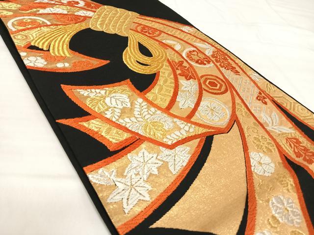 平和屋着物◎六通柄袋帯 唐織 束ね熨斗花鳥文 黒地 金銀糸 三越扱い 正絹 逸品 AABI5643yx