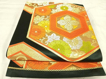 平和屋着物◎六通柄袋帯 唐織 亀甲花文 黒地 金銀糸 正絹 逸品 AABI5645yx