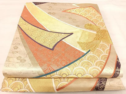 平和屋着物◎六通柄袋帯 束ね熨斗鳳凰花文 金銀糸 正絹 逸品 AABI5649yx
