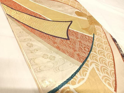 平和屋着物◎六通柄袋帯 束ね熨斗鳳凰花文 金銀糸 正絹 逸品 AABI5649yx