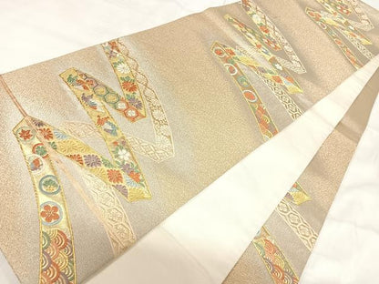 平和屋着物◎六通柄袋帯 唐織 鬘帯花蝶文 金糸 正絹 逸品 AABI5650yx