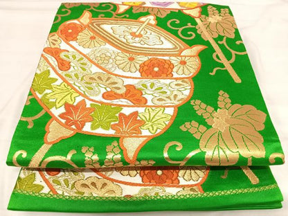 平和屋着物◎六通柄袋帯 唐織 糸巻文 金糸 正絹 逸品 AABI5652yx