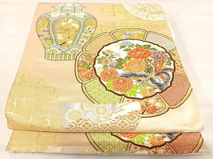 平和屋着物◎六通柄袋帯 陶器花文 鳳凰 金銀糸 正絹 逸品 AABI5654yx