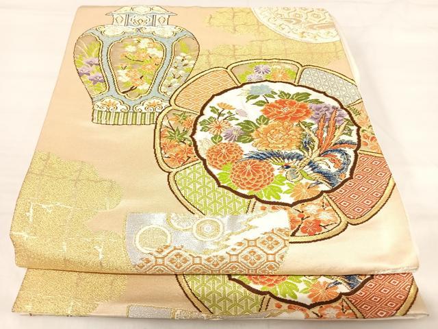 平和屋着物◎六通柄袋帯 陶器花文 鳳凰 金銀糸 正絹 逸品 AABI5654yx