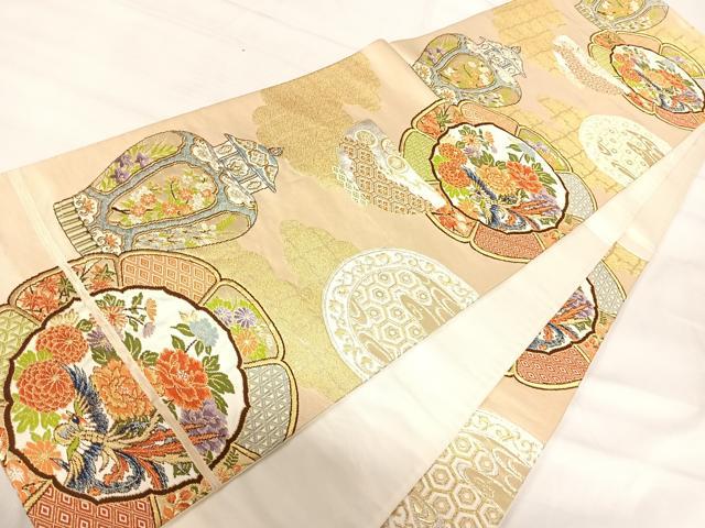 平和屋着物◎六通柄袋帯 陶器花文 鳳凰 金銀糸 正絹 逸品 AABI5654yx