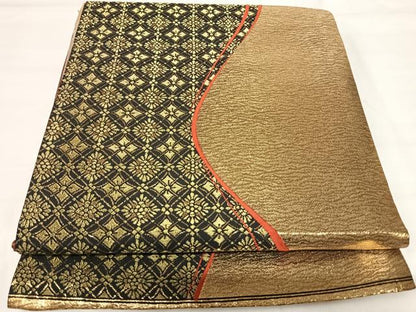 平和屋着物◎全通柄袋帯 よろけ花間道 黒地 金糸 正絹 逸品 AABI5657yx