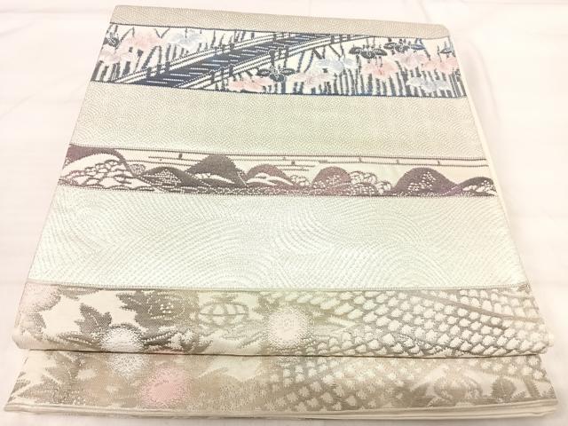 平和屋着物◎六通柄袋帯 横段風景花文 銀糸 正絹 逸品 AABI5658yx