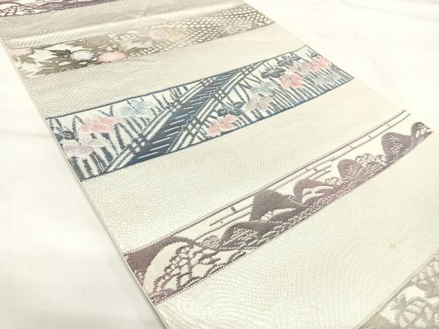平和屋着物◎六通柄袋帯 横段風景花文 銀糸 正絹 逸品 AABI5658yx