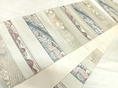 平和屋着物◎六通柄袋帯 横段風景花文 銀糸 正絹 逸品 AABI5658yx