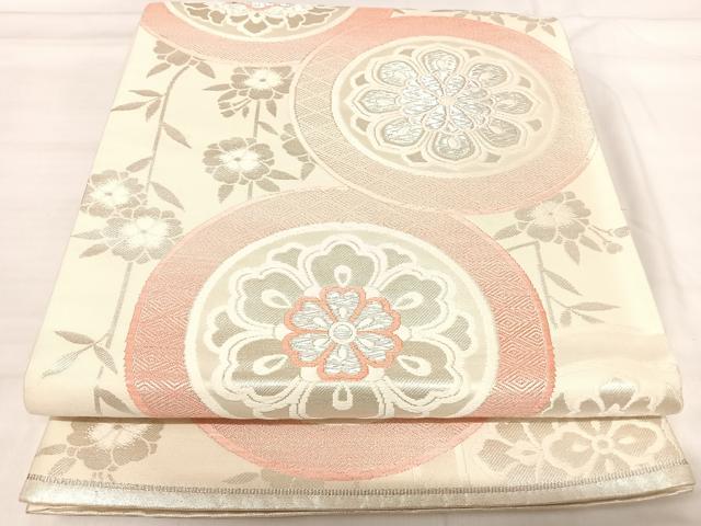 平和屋着物◎六通柄袋帯 唐織 花丸文 銀糸 正絹 逸品 AABI5661yx