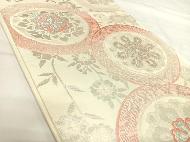 平和屋着物◎六通柄袋帯 唐織 花丸文 銀糸 正絹 逸品 AABI5661yx