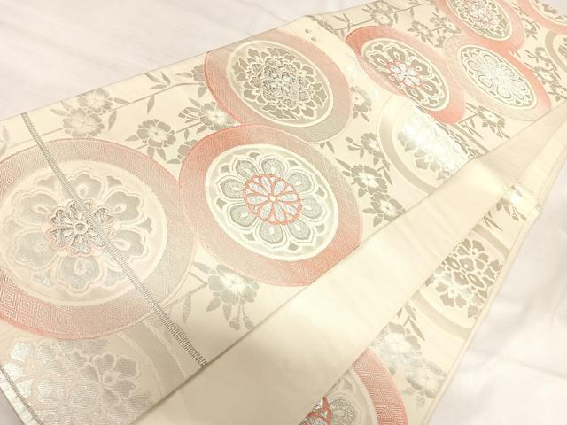 平和屋着物◎六通柄袋帯 唐織 花丸文 銀糸 正絹 逸品 AABI5661yx