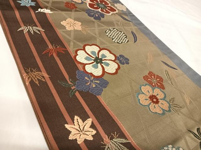 平和屋着物◎六通柄袋帯 唐織 草花文 金糸 正絹 逸品 AABI5662yx