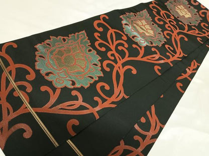 平和屋着物◎全通柄　本袋帯　更紗花唐草文　黒地　金糸　正絹　逸品　AABI5672yx