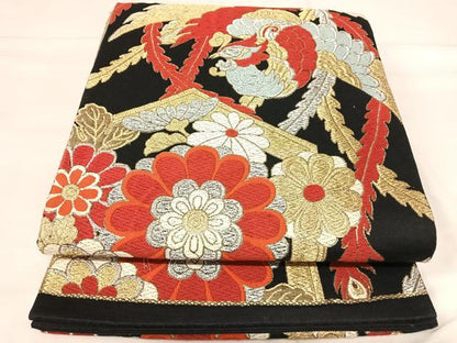 平和屋着物◎六通柄袋帯 唐織 鳳凰花文 黒地 金銀糸 正絹 逸品 AABI5673yx