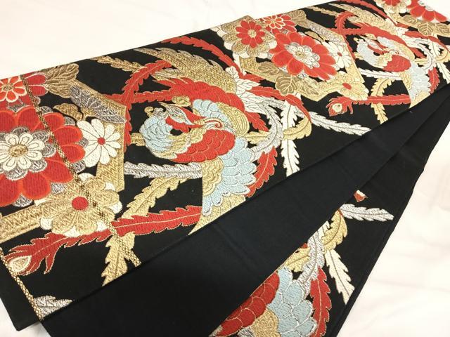 平和屋着物◎六通柄袋帯 唐織 鳳凰花文 黒地 金銀糸 正絹 逸品 AABI5673yx
