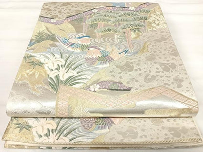 平和屋着物◎六通柄袋帯 唐織 日本屛風絵 山水四季花鳥図 伝雪舟 金銀糸 正絹 逸品 AABI5676yx